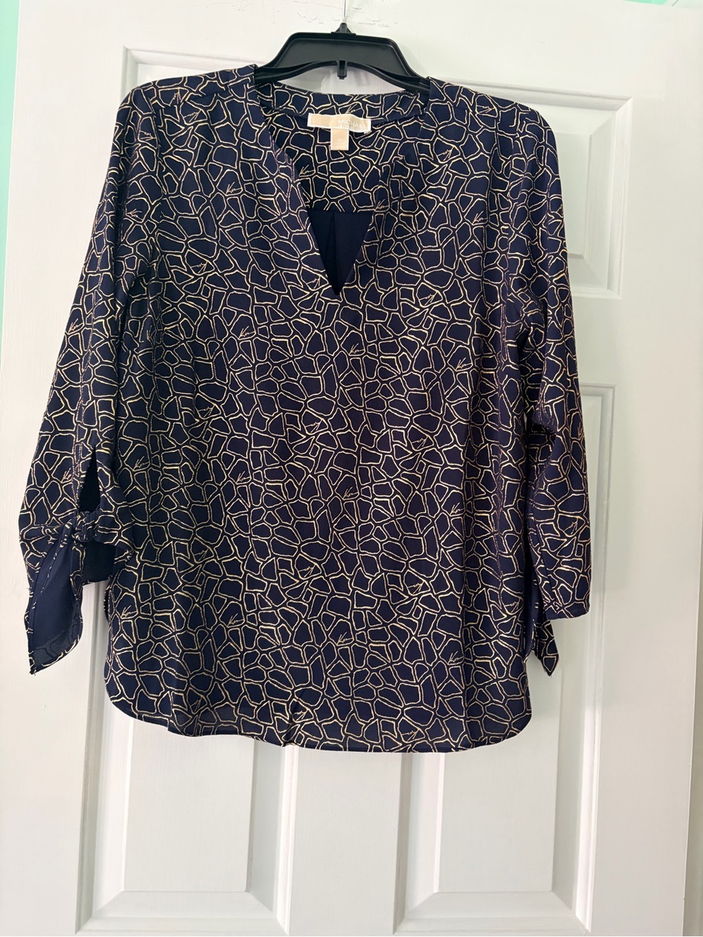 Michael Kors Navy and Cream Geometric V-Neck Blouse